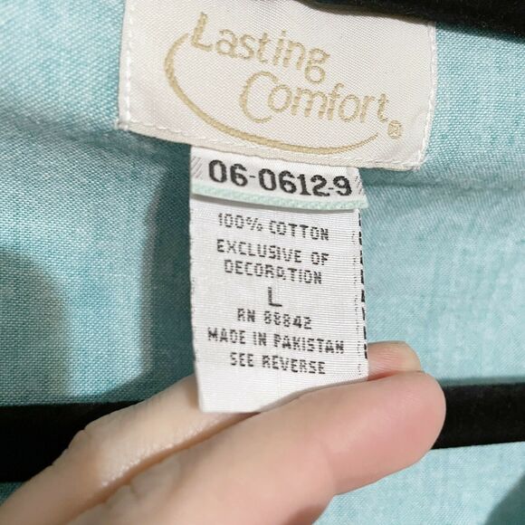 Vintage Housecoat Large Blue Stripe Embroidered Flower Cottage Snap Pockets - Picture 3 of 4